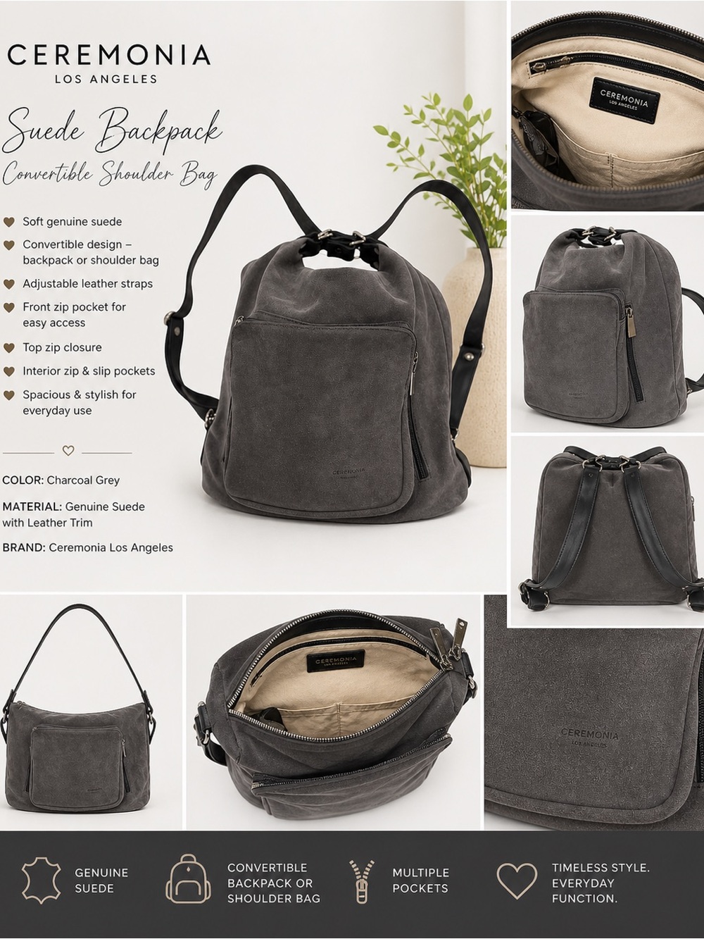 Ceremonia Charcoal Grey Suede Convertible Backpack